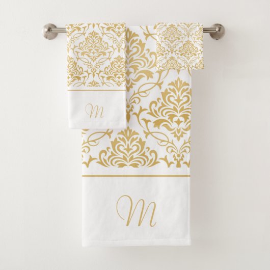 Goud en wit damast monogram 2 bad handdoek (Insitu)