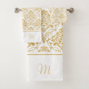Goud en wit  damast monogram 2 bad handdoek