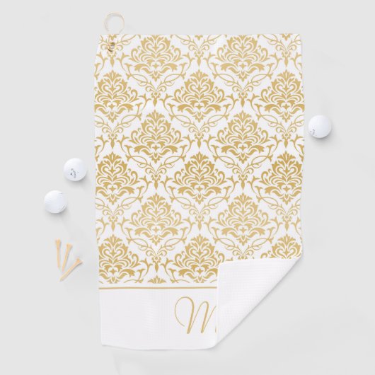 Goud en wit  damast monogram 2 golfhanddoek (Insitu)