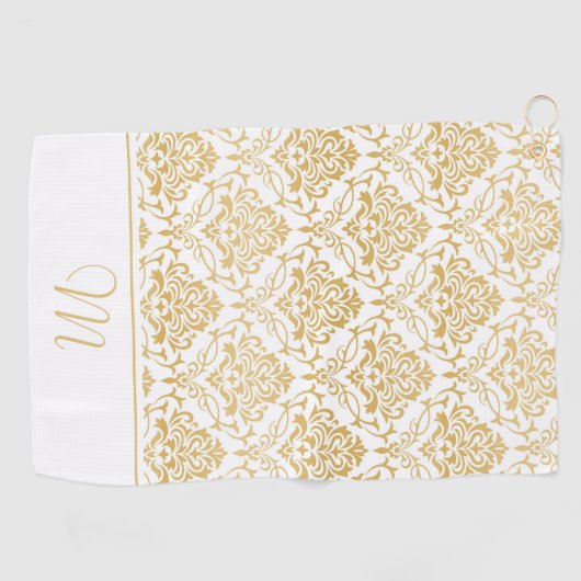 Goud en wit damast monogram 2 golfhanddoek (Horizontaal)