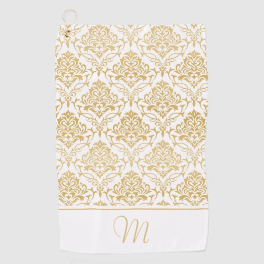 Goud en wit damast monogram 2 golfhanddoek (Voorkant)