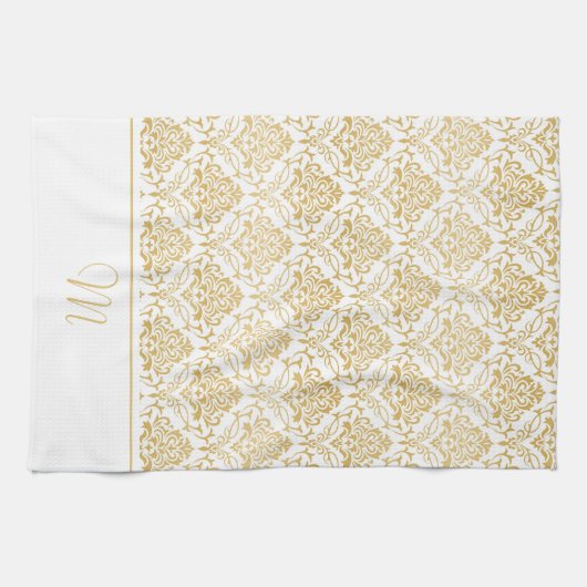 Goud en wit  damast monogram 2 theedoek (Horizontaal)