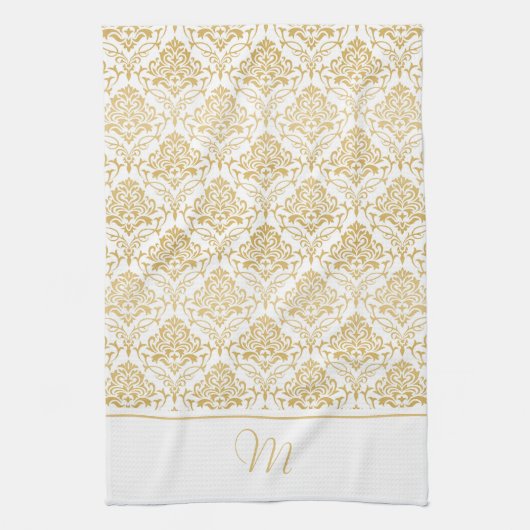 Goud en wit  damast monogram 2 theedoek (Verticaal)