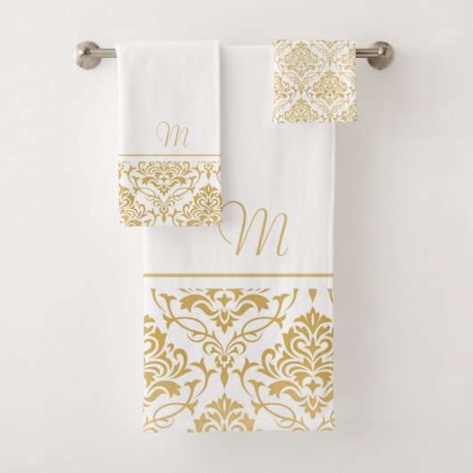 Goud en wit  damast monogram bad handdoek (Insitu)