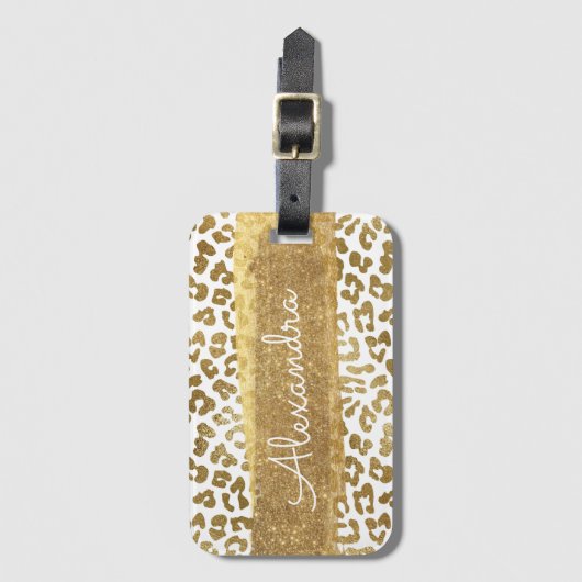 Goud en wit Dierenprint met Gouden Glitter Bagagelabel (Voorkant (verticaal))