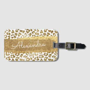 Goud en wit Dierenprint met Gouden Glitter Bagagelabel