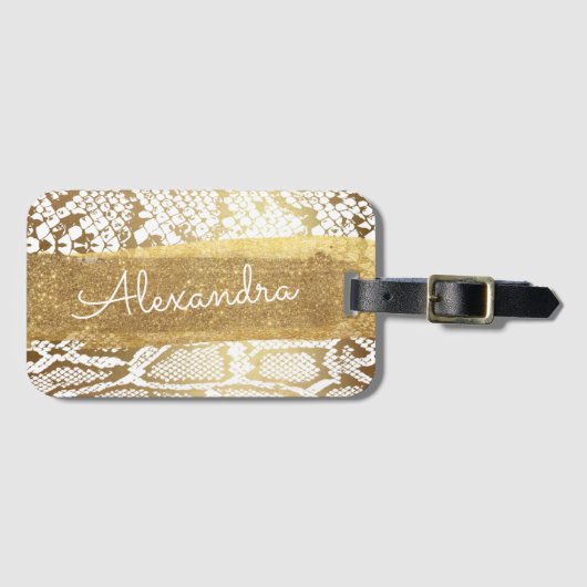 Goud en wit Dierenprint met Gouden Glitter Bagagelabel (Voorkant (horizontaal))