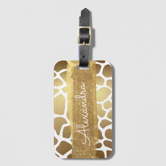 Goud en wit Dierenprint met Gouden Glitter Bagagelabel (Voorkant (verticaal))
