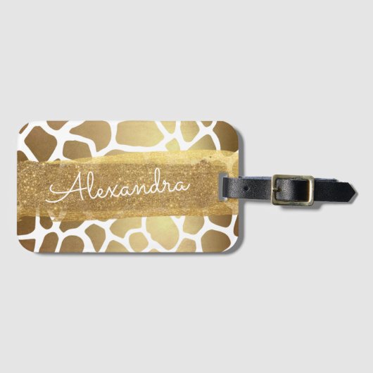 Goud en wit Dierenprint met Gouden Glitter Bagagelabel (Voorkant (horizontaal))