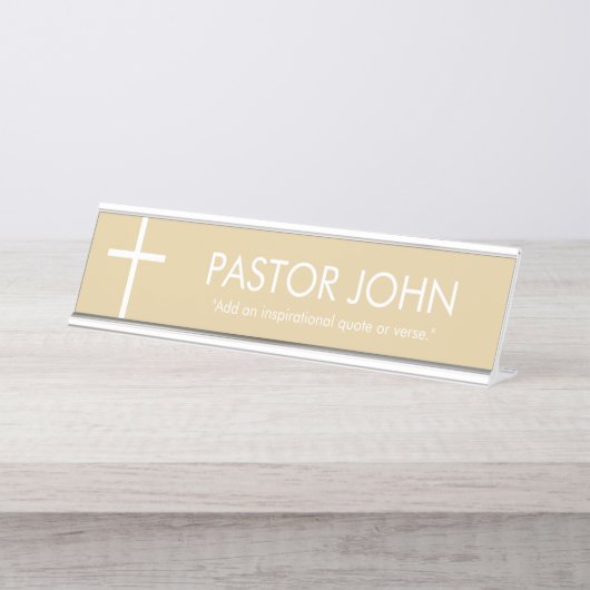 Goud en Wit Eenvoudig Kruis Bureau Naambordje (Voorkant)