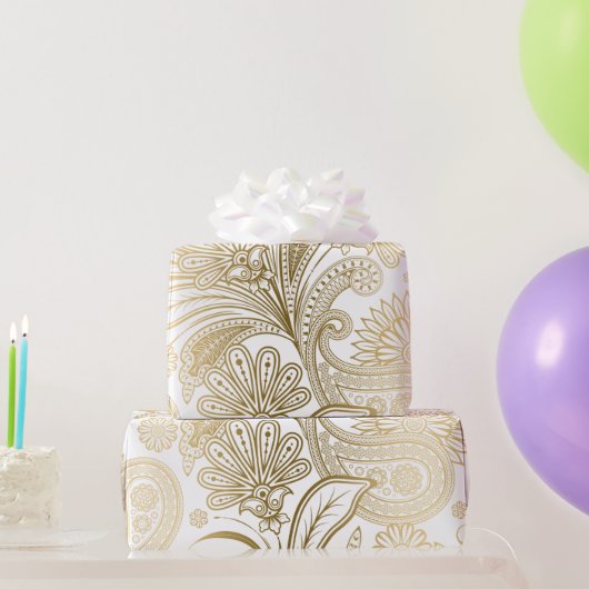 Goud en wit elegan  paisleypatroon cadeaupapier (Feestgeschenken)