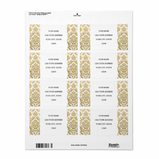 Goud en Wit Elegant Damast Patroon Etiket (Full Sheet)
