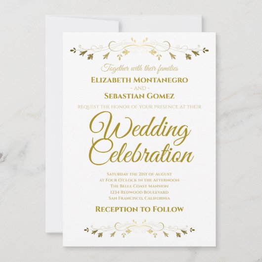 Goud en Wit Elegant Filigraan Eenvoudige Bruiloft Kaart (Voorkant)