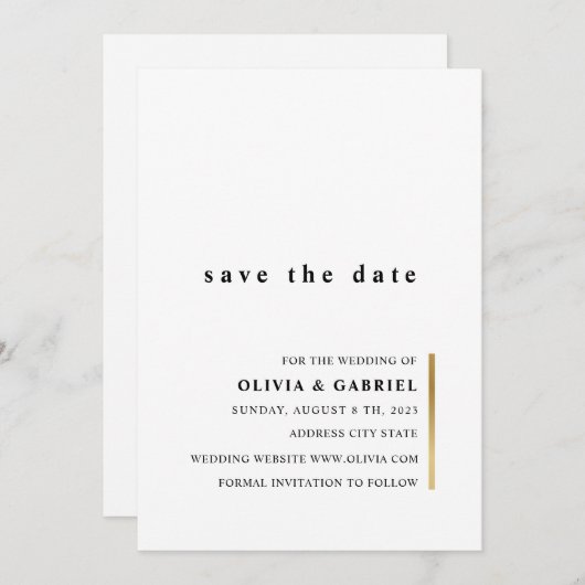 Goud en wit. Elegant simpele typografie bruiloft Save The Date (Voorkant / Achterkant)