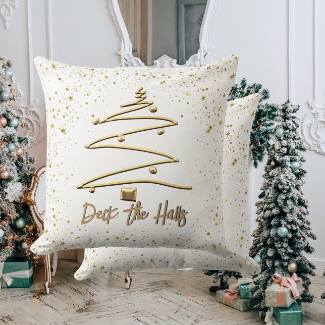 Goud en wit, Elegante Kerstboom Kussen (Gold and White, Elegant Christmas Tree Throw Pillow)
