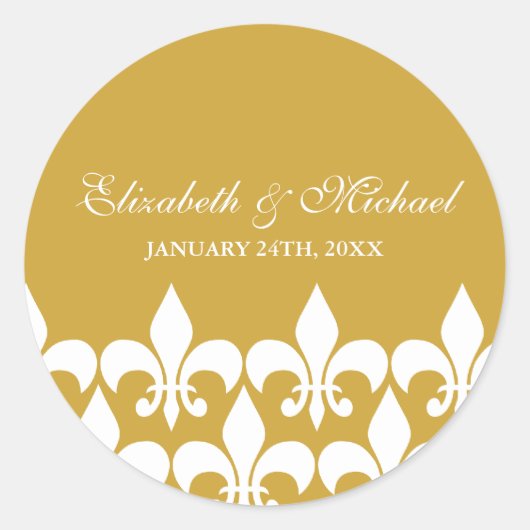 Goud en wit Fleur de Lis Bruiloft Favor Label (Voorkant)