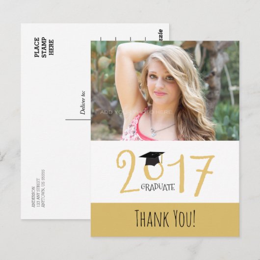Goud en wit, Foto Afstuderen Bedankt Briefkaart (Voorkant / Achterkant)