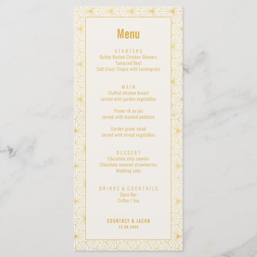 Goud en Wit Geometrische Art Deco Menu Kaart (Voorkant)