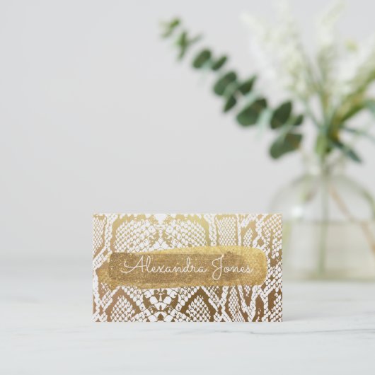 Goud en Wit Glitter en Sparkle Snake Skin Visitekaartje (Staand voorkant)
