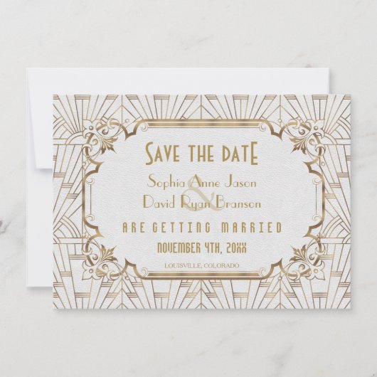 Goud en wit groot geintby art Deco Save the Date (Voorkant)