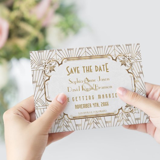 Goud en wit groot geintby art Deco Save the Date