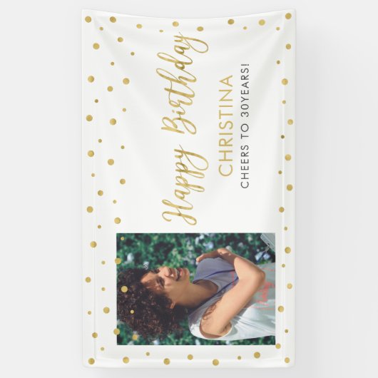 Goud en wit | Happy Birthday Photo Banner (Verticaal)
