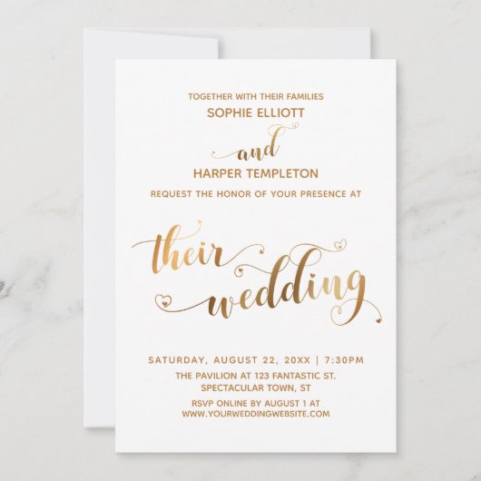 Goud en wit hun bruiloft met harten kaart (Voorkant)