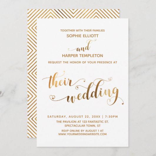 Goud en wit hun bruiloft met harten kaart (Voorkant / Achterkant)