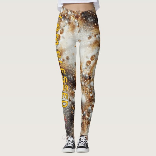 goud en wit "Ik ben gezegend" Leggings (Voorkant)