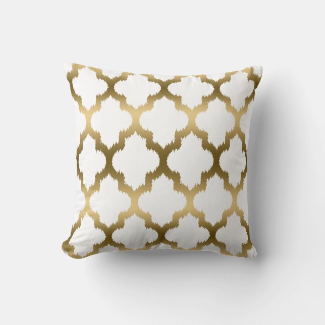 Goud en wit Ikat Quatrefoil geometrisch patroon Kussen (Voorkant)