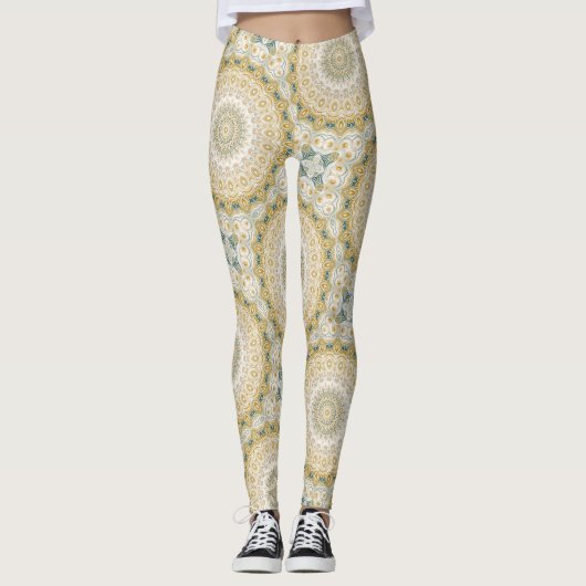 Goud en wit mandala patroon met Blauwgroen accente Leggings (Voorkant)