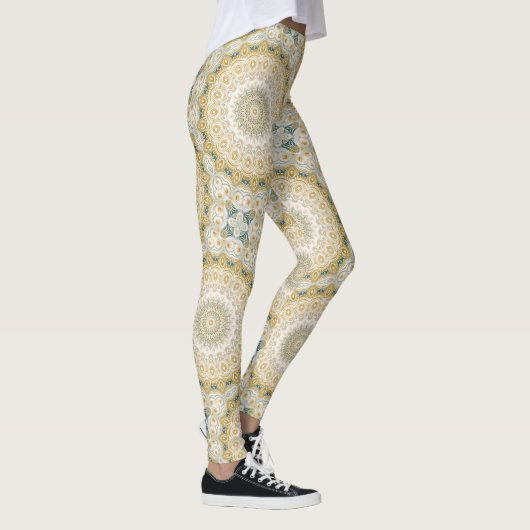 Goud en wit mandala patroon met Blauwgroen accente Leggings (Rechts)