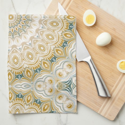 Goud en wit mandala patroon met Blauwgroen accente Theedoek (Quarter Fold)