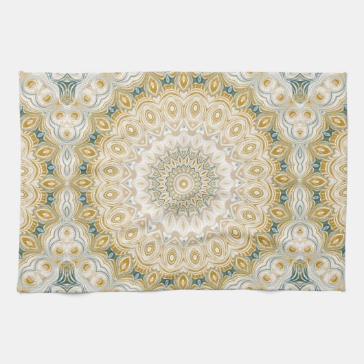 Goud en wit mandala patroon met Blauwgroen accente Theedoek (Horizontaal)