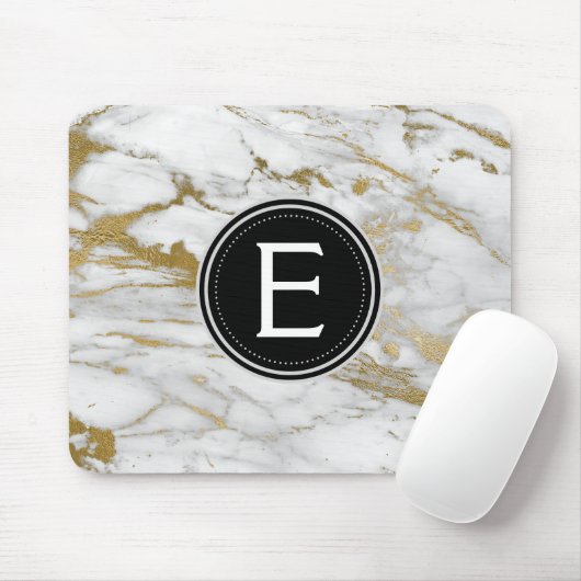 Goud en wit marmer Monogrammed Moderne Muismat (Met muis)