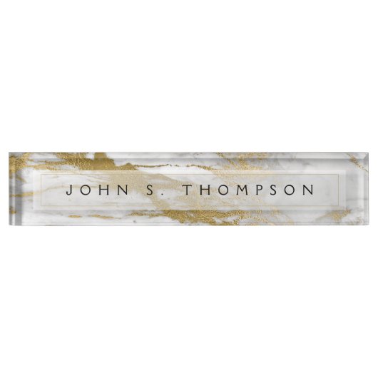 Goud en Wit Marmer Professioneel Modern Naambordje (Voorkant)