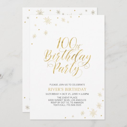 Goud en wit | Modern Chic 100th Birthday Party Kaart (Voorkant / Achterkant)