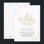 Goud en wit | Modern Chic 50th Birthday Party Kaart<br><div class="desc">Laten we je speciale dag vieren met deze stijlvolle gouden 50ste verjaardag uitnodiging. In dit ontwerp is chic gold typografie op de voorzijde en gouden glans te zien met een foto op de achterzijde. Vervang de steekproeffoto met van u of schrap als u het niet wilt. De achtergrondkleur wordt geplaatst...</div>