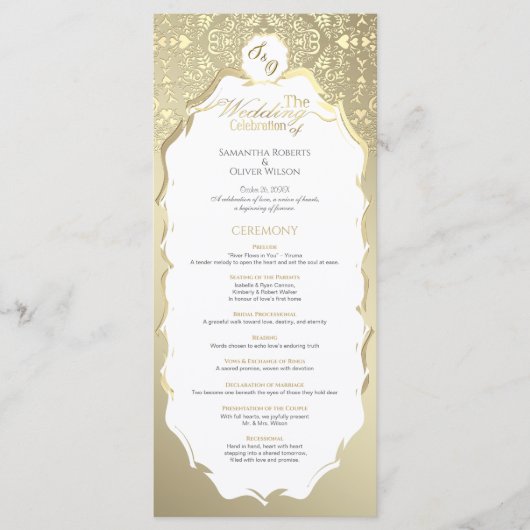 Goud en Wit  Monogram Trouwprogramma Programmakaart (Voorkant)