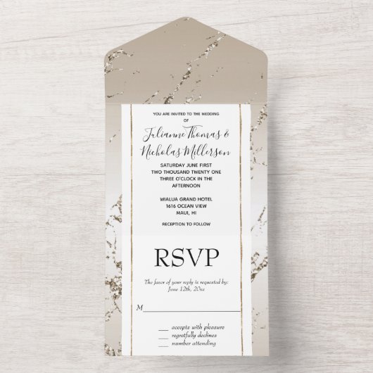 Goud en wit Ombre Glitz Marmer All In One Uitnodiging (Binnen)