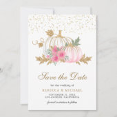 Goud en Wit Pompoen Roze Bloemen Trouwfoto Save The Date (Voorkant)