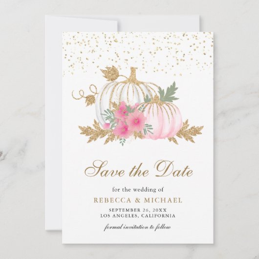 Goud en Wit Pompoen Roze Bloemen Trouwfoto Save The Date (Voorkant)