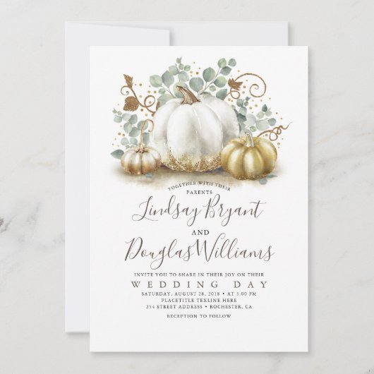 Goud en wit pompoen Rustic Modern Fall Wedding Kaart (Voorkant)