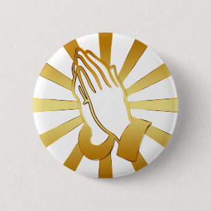 GOUD- EN WIT-PRAYHANDEN RONDE BUTTON 5,7 CM