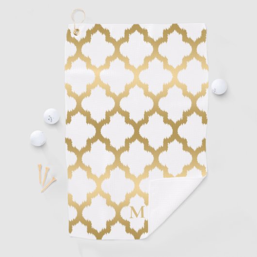 Goud en Wit Quatrefoil Patroon Monogram Golfhanddoek (Insitu)