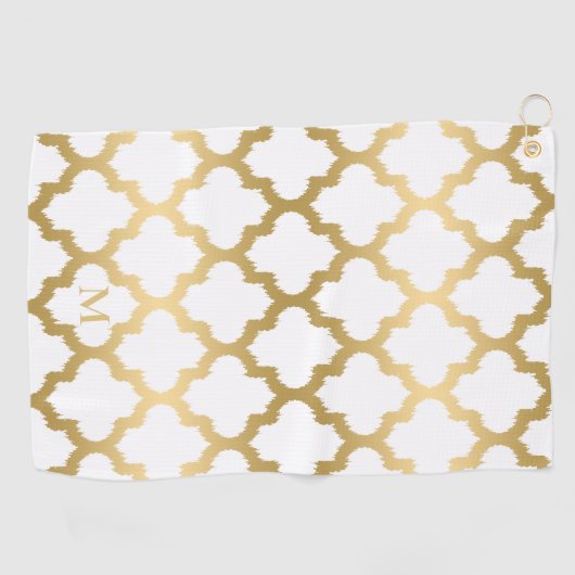 Goud en Wit Quatrefoil Patroon Monogram Golfhanddoek (Horizontaal)
