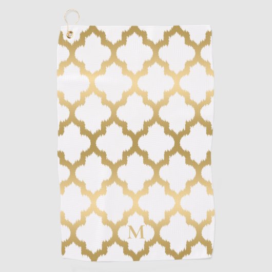 Goud en Wit Quatrefoil Patroon Monogram Golfhanddoek (Voorkant)
