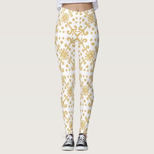 Goud en wit retro patroon leggings (Voorkant)