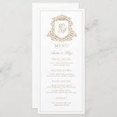 Goud en wit Royal Monogram Crest Bruiloft Menu (Voorkant / Achterkant)