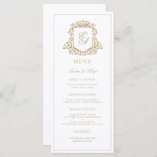 Goud en wit Royal Monogram Crest Bruiloft Menu (Voorkant / Achterkant)